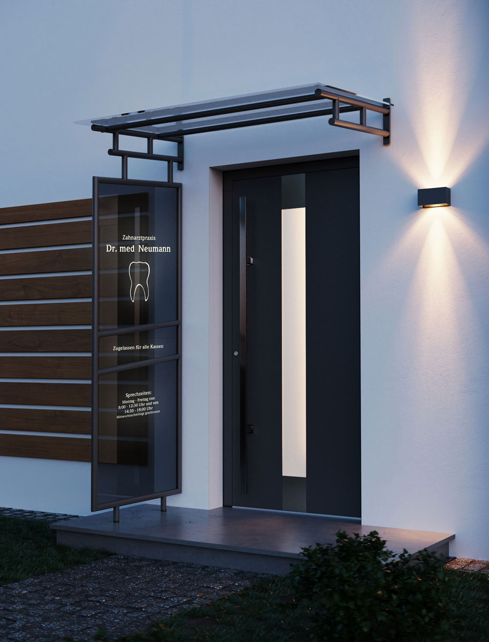Vordach2200_mit_Seitenteil_LED Vordach Modell 2200 mit LED Beleuchtung im Seitenteil
